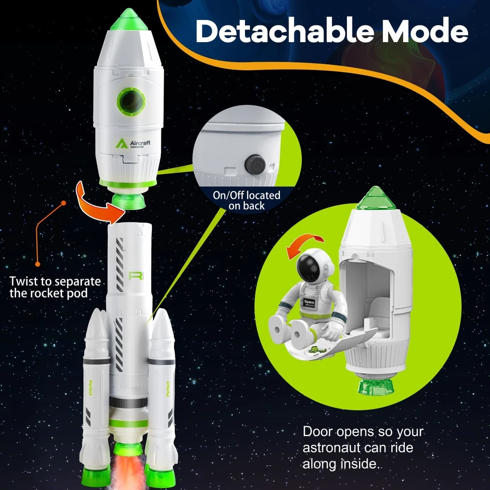Kosminė raketa su kosmonautu ir dūmų ir šviesos efektais