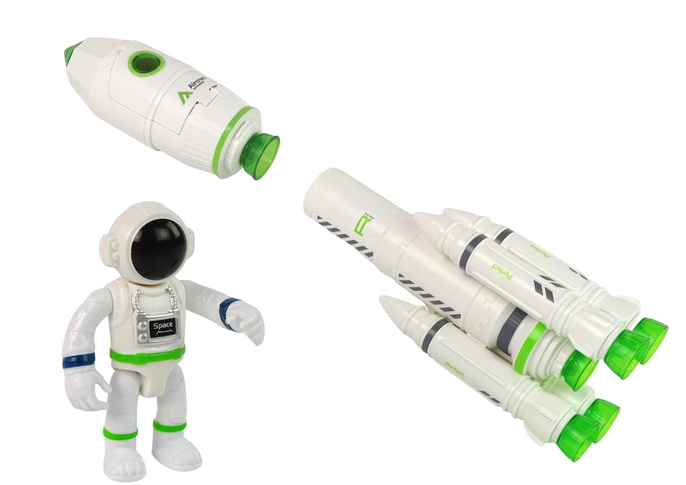 Kosminė raketa su kosmonautu ir dūmų ir šviesos efektais