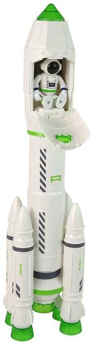 Kosminė raketa su kosmonautu ir dūmų ir šviesos efektais