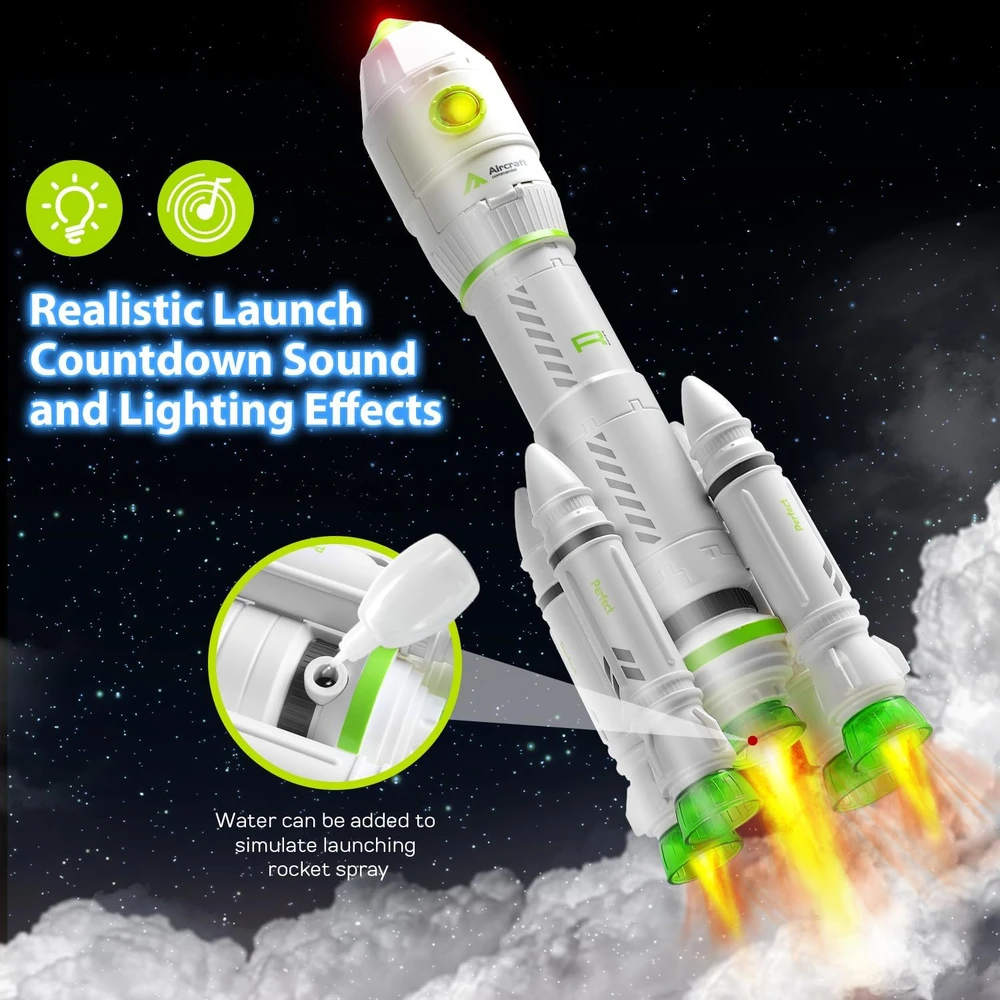 Kosminė raketa su kosmonautu ir dūmų ir šviesos efektais