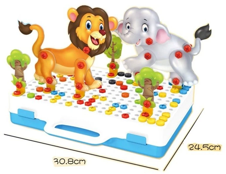 Kūrybinis mozaikinis zoologijos sodas lagamine, 198 detalių 3D dėlionė, kaladėlės, atsuktuvas, konstruktorius