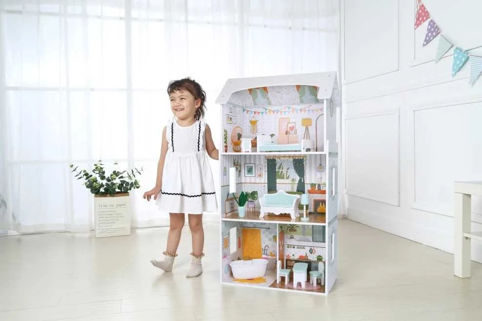 Lėlių namas Alice ECOTOYS, 3 aukštai, 4 kambariai, 9 baldų komplektas