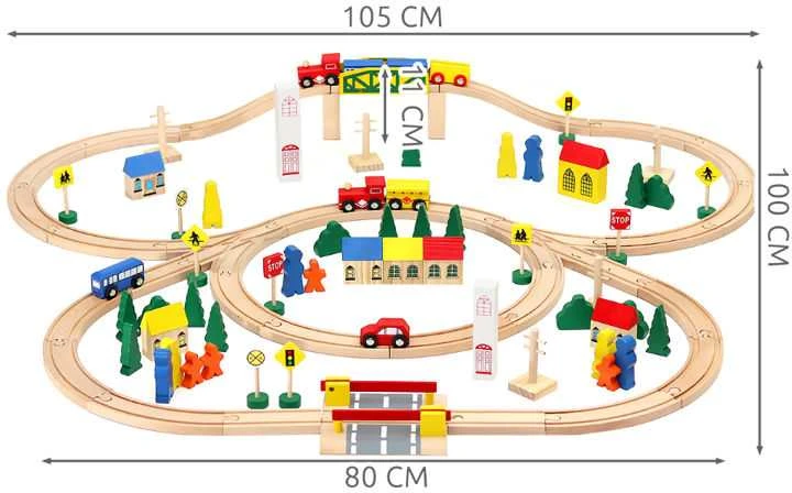 Medinė traukinių trasa su stotim 100 elementų