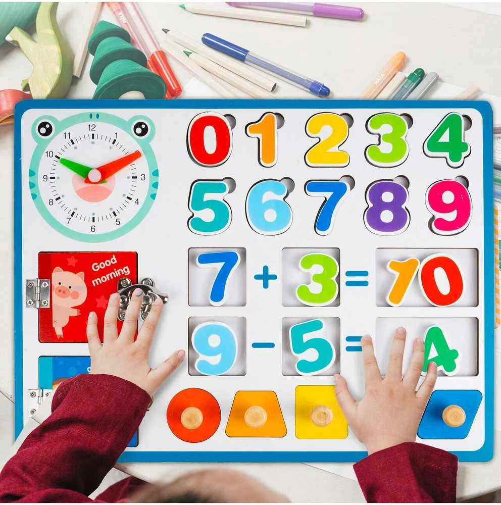 Malplay Medinė manipuliacinė mokomoji lenta matematikos skaičiai, laikrodis