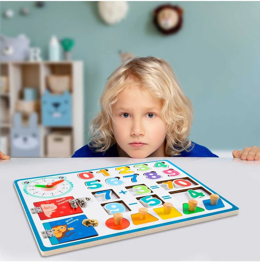 Malplay Medinė manipuliacinė mokomoji lenta matematikos skaičiai, laikrodis