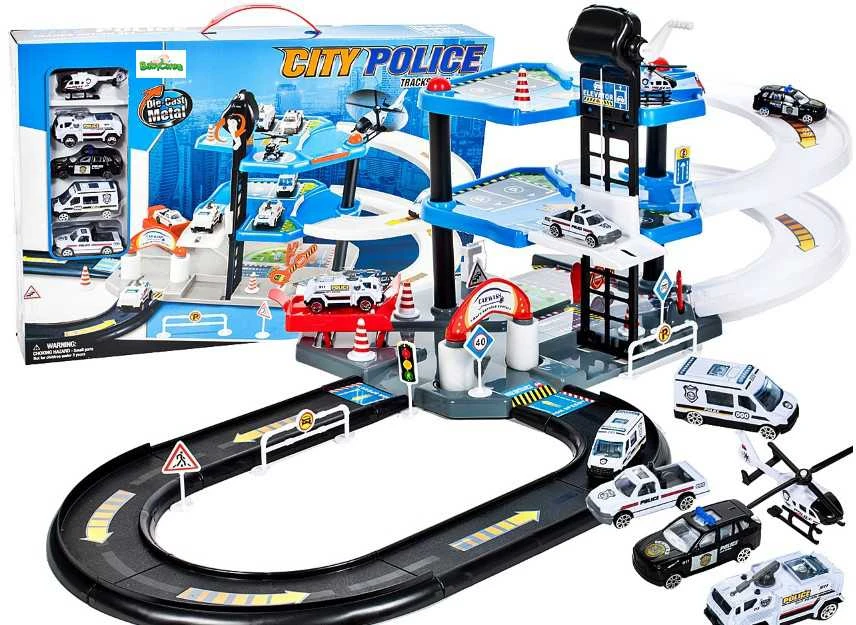 Malplay Žaislinė automobilių stovėjimo aikštelė, trasa POLICE 2 aukštai, 4 automobiliai ir sraigtasparnis