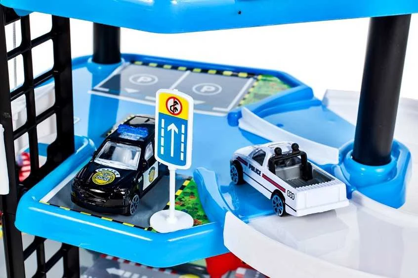 Malplay Žaislinė automobilių stovėjimo aikštelė, trasa POLICE 2 aukštai, 4 automobiliai ir sraigtasparnis
