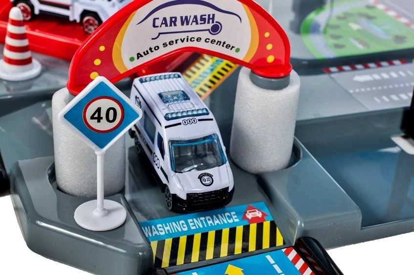 Malplay Žaislinė automobilių stovėjimo aikštelė, trasa POLICE 2 aukštai, 4 automobiliai ir sraigtasparnis