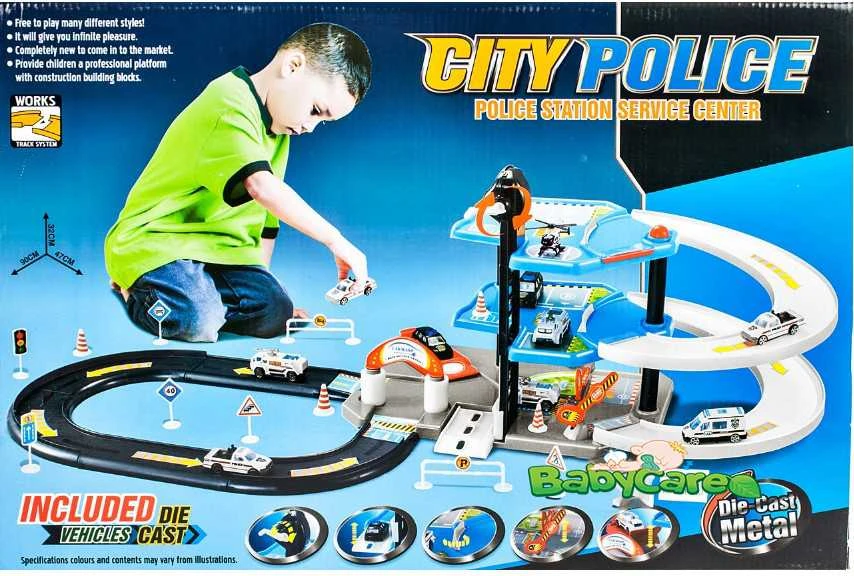 Malplay Žaislinė automobilių stovėjimo aikštelė, trasa POLICE 2 aukštai, 4 automobiliai ir sraigtasparnis