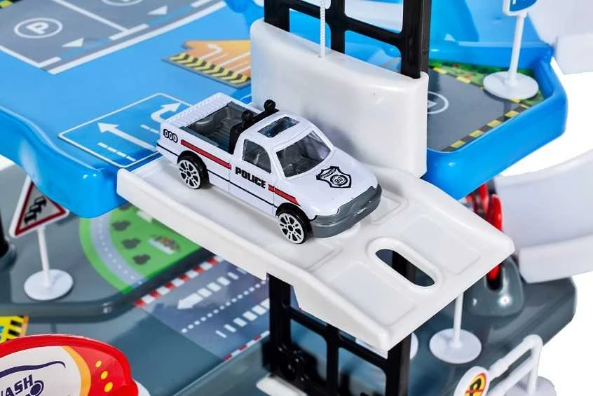 Malplay Žaislinė automobilių stovėjimo aikštelė, trasa POLICE 2 aukštai, 4 automobiliai ir sraigtasparnis