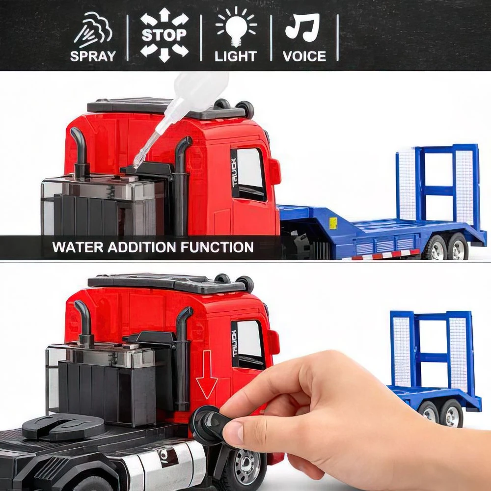 RC sunkvežimis su nuotoliniu valdymu, priekaba, dūmų efektais, švieselėmis ir garsais, USB, 53 cm