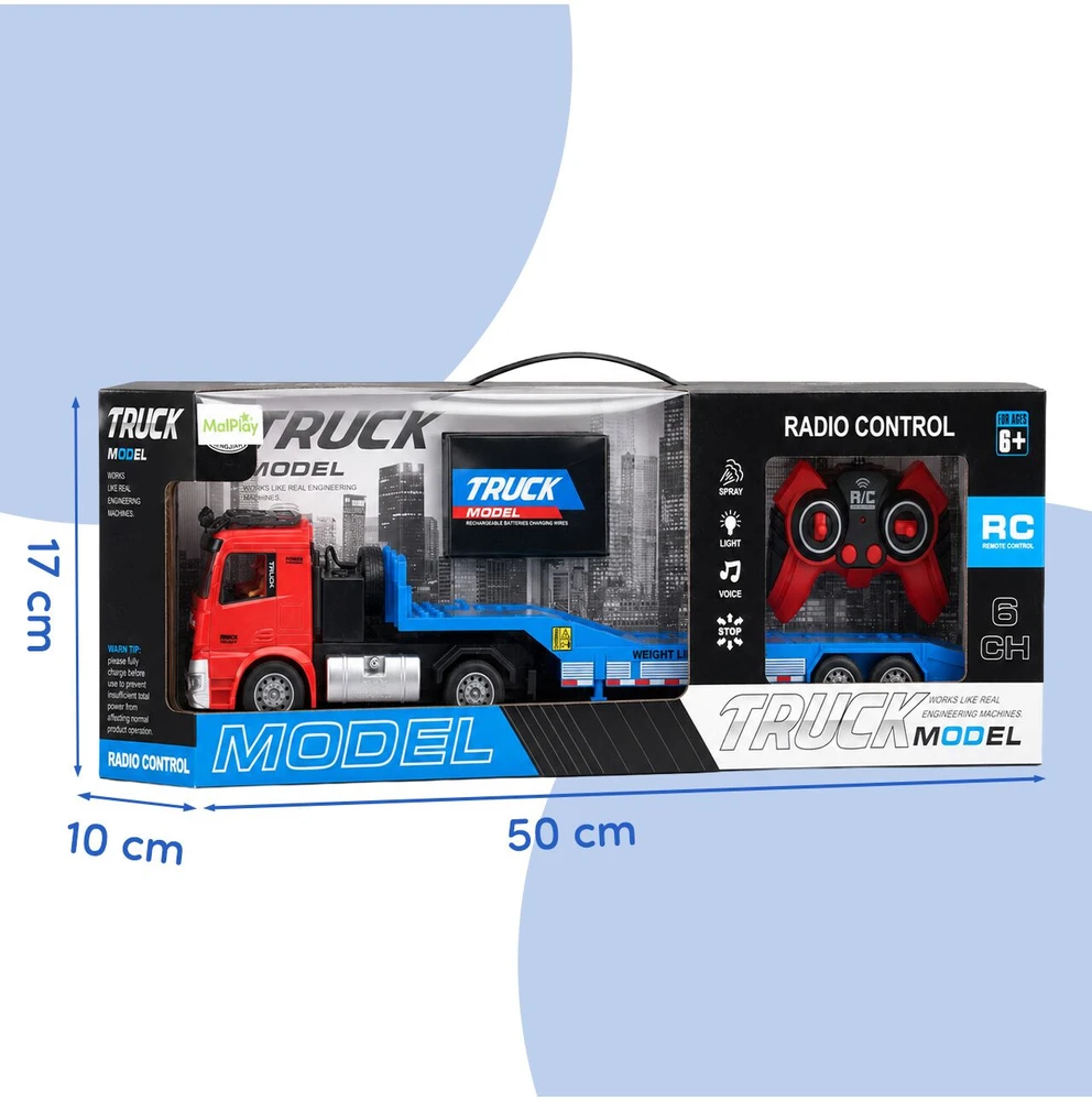 RC sunkvežimis su nuotoliniu valdymu, priekaba, dūmų efektais, švieselėmis ir garsais, USB, 53 cm