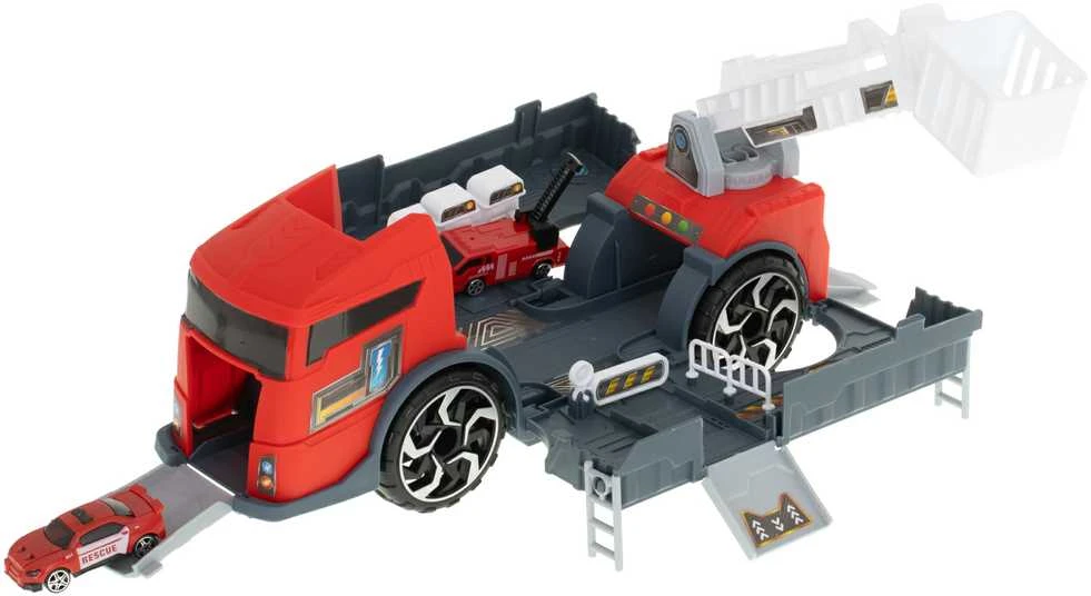 Transporterio sunkvežimis TIR 2in1 automobilių stovėjimo aikštelė, gaisrinė + 3 automobiliai raudona