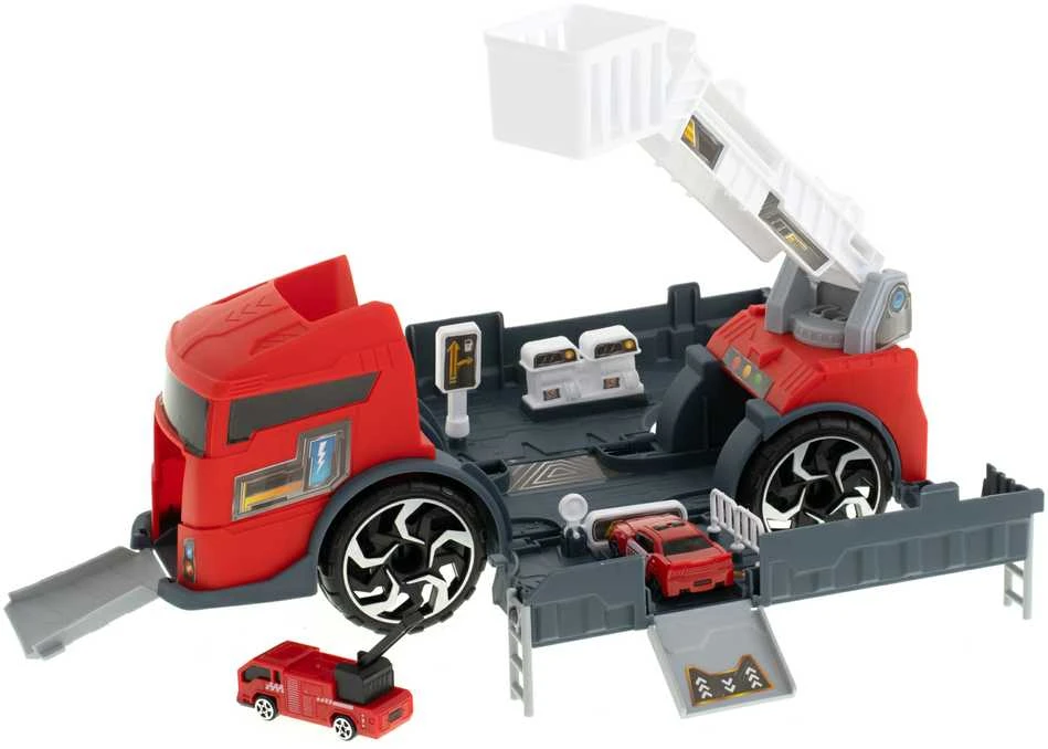 Transporterio sunkvežimis TIR 2in1 automobilių stovėjimo aikštelė, gaisrinė + 3 automobiliai raudona