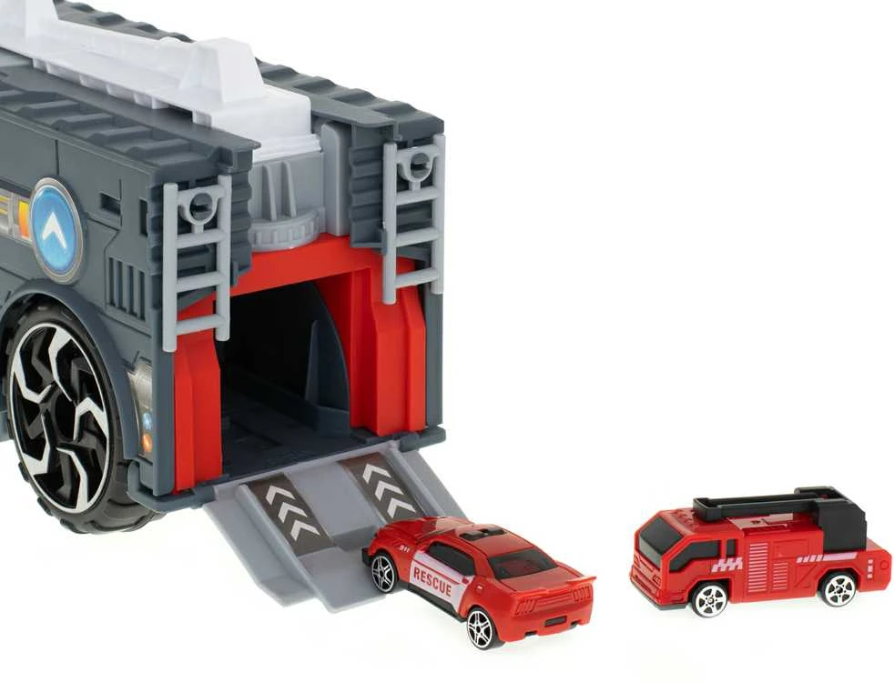 Transporterio sunkvežimis TIR 2in1 automobilių stovėjimo aikštelė, gaisrinė + 3 automobiliai raudona