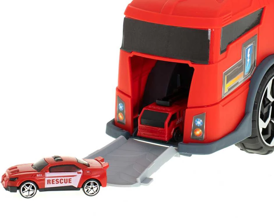 Transporterio sunkvežimis TIR 2in1 automobilių stovėjimo aikštelė, gaisrinė + 3 automobiliai raudona