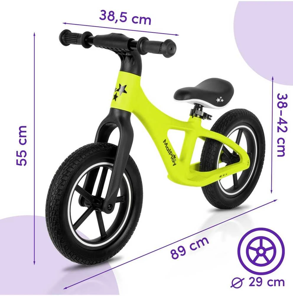 Malplay Balansinis dviratis vaikams nuo 2 metų, 12 colių, PU ratai, lengvi, 3,4kg, „Nylu Lemon“