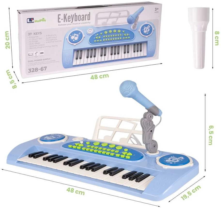 Malplay Vaikiškas pianinas 37 klavišų su mikrofonu, mėlynas, USB, MP3