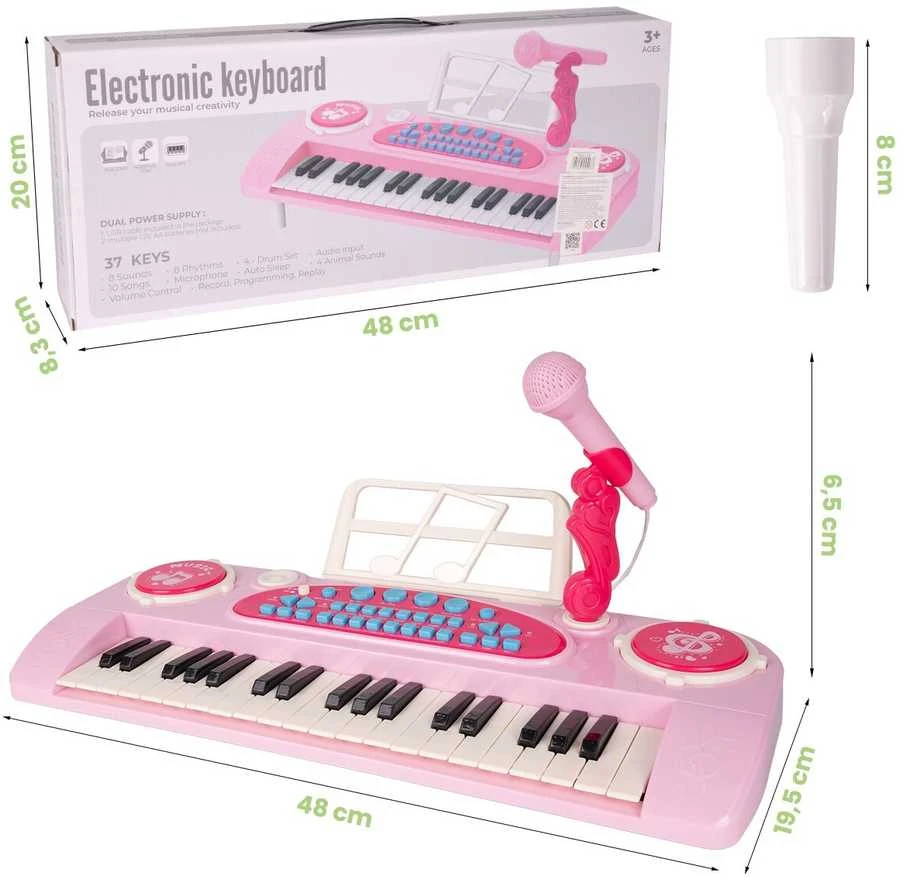 Malplay Vaikiškas pianinas 37 klavišų su mikrofonu, rožinis, USB, MP3