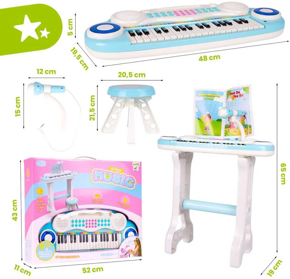 Malplay Vaikiškas pianinas - sintezatorius su mikrofonu ir kėdute - mėlynas Music