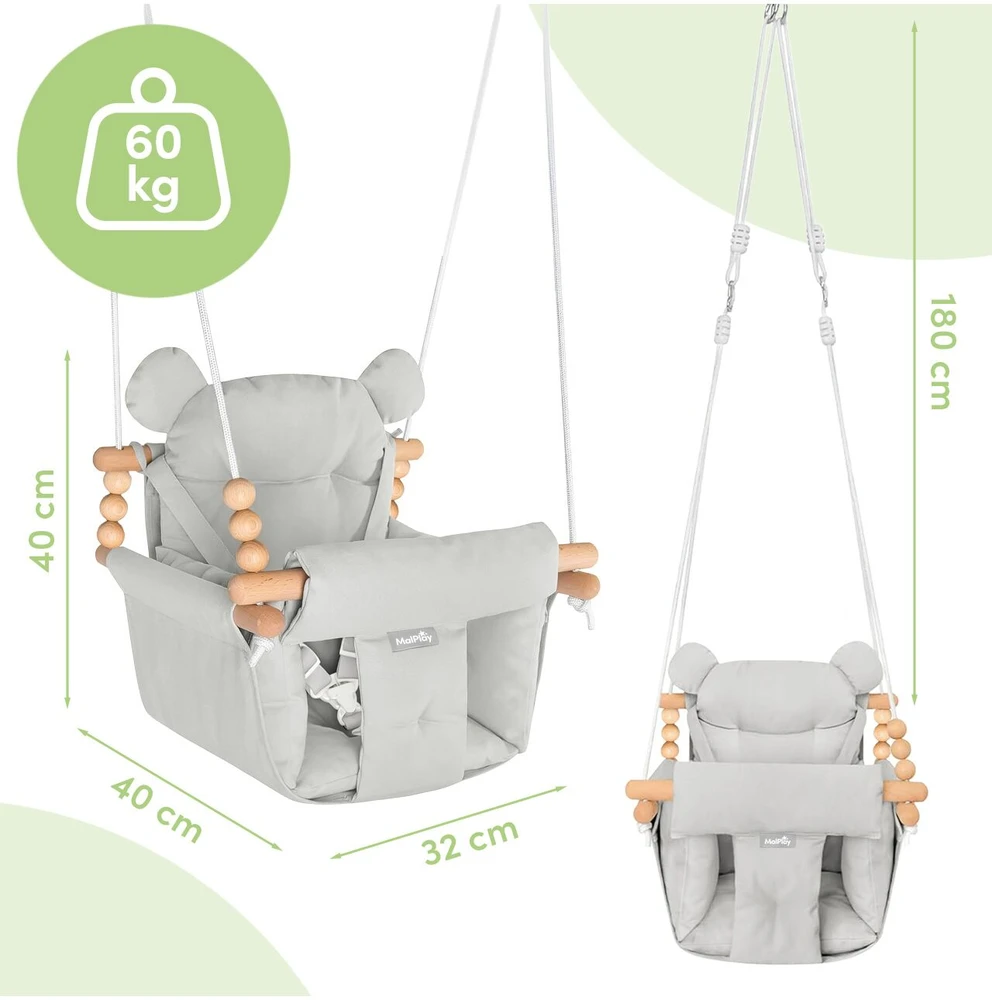 Malplay Vaikiškos medvilninės sūpynės su pagalvėlėmis ir dirželiais, 12-36 mėn., 60 kg, pilkos