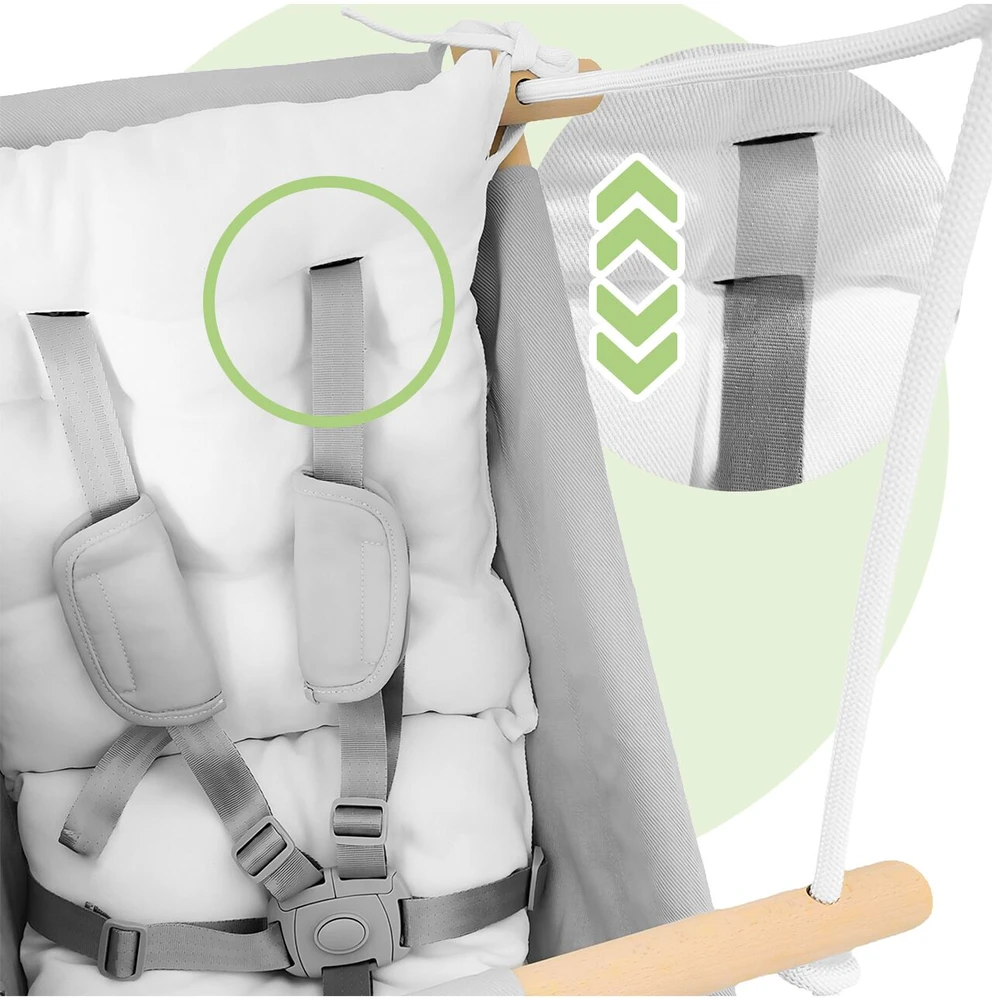 Vaikiškos medvilninės sūpynės su pagalvėlėmis ir dirželiais 12–36 mėn. iki 60 kg – pilkai baltos