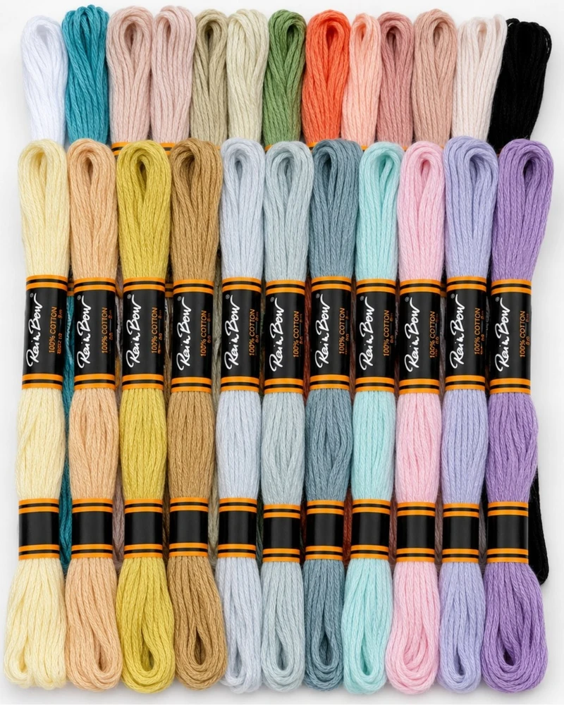 Medvilninių siuvinėjimo siūlų Muline RainBow® 24 pastelinių spalvų po 8 m rinkinys