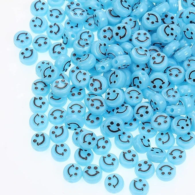 RAINBOW Akriliniai karoliukai Emoji Smiley 10x6 mm 100 vnt., spalva žydra