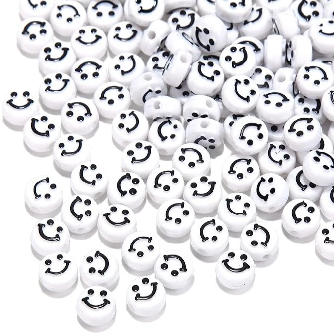 RAINBOW Akriliniai karoliukai Emoji Smiley 10x6 mm 100 vnt., spalva balta