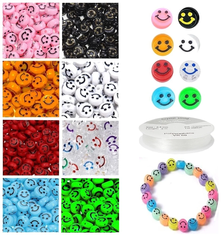 RAINBOW Siūlų ir akrilinių karoliukų Emoji Smiley rinkinys apyrankių gamybai 160 vnt.