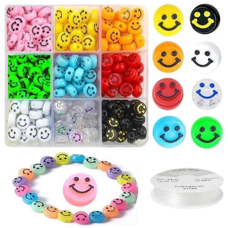 RAINBOW Siūlų ir akrilinių karoliukų Emoji Smiley rinkinys apyrankių gamybai 180 vnt.