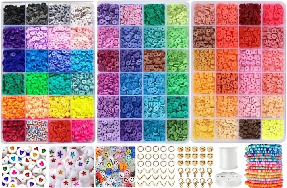 RAINBOW Siūlų ir plokščių karoliukų rinkinys apyrankių gamybai 7300 vnt.