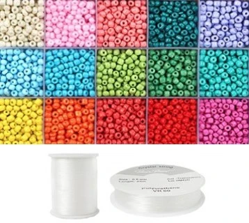 Siūlų ir stiklinių apvalių karoliukų (biserio) 6/0 RainBow® 15 spalvų po 10 g rinkinys, ryškus
