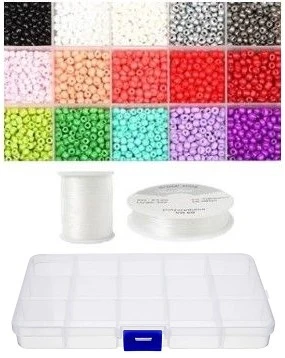 Siūlų ir stiklinių apvalių karoliukų (biserio) 6/0 RainBow® 15 spalvų po 10 g rinkinys su dėžute, šviesus