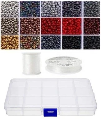 Siūlų ir stiklinių apvalių karoliukų (biserio) 6/0 RainBow® 15 spalvų po 10 g rinkinys su dėžute, tamsus