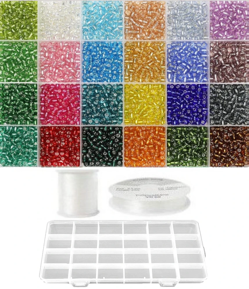 Siūlų ir stiklinių apvalių karoliukų (biserio) 6/0 RainBow® 24 spalvų po 10 g rinkinys su dėžute, tamsus