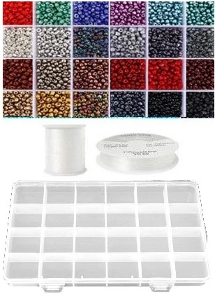 Siūlų ir stiklinių apvalių karoliukų (biserio) 6/0 RainBow® 24 spalvų po 10 g rinkinys su dėžute, tamsus