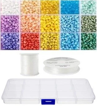 Siūlų ir stiklinių apvalių karoliukų (biserio) 6/0 RainBow® 15 spalvų po 10 g rinkinys su dėžute, pastelinis