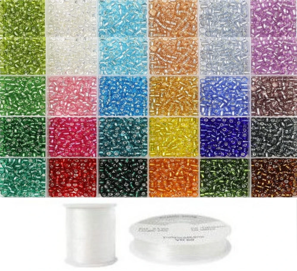 Siūlų ir stiklinių apvalių karoliukų (biserio) 6/0 RainBow® 24 spalvų po 10 g rinkinys, tamsus