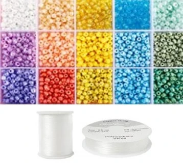 Siūlų ir stiklinių apvalių karoliukų (biserio) 6/0 RainBow® 15 spalvų po 10 g rinkinys, pastelinis