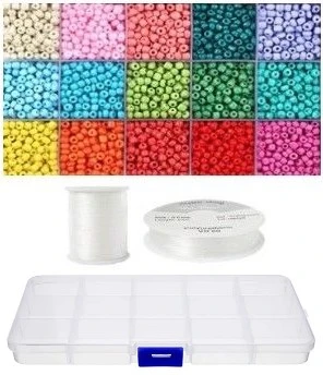 Siūlų ir stiklinių apvalių karoliukų (biserio) 6/0 RainBow® 15 spalvų po 10 g rinkinys su dėžute, ryškus