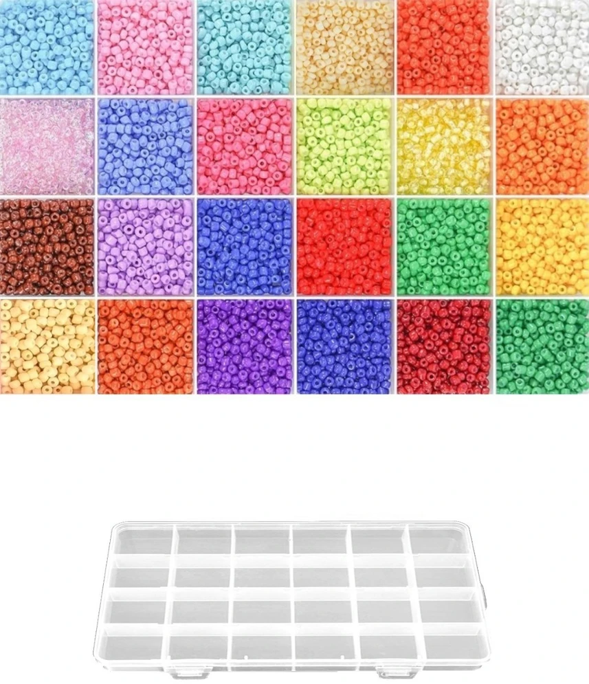 Stiklinių apvalių karoliukų (biserio) 6/0 RainBow® 24 spalvų po 10 g rinkinys su dėžute, šviesus