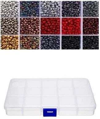 Stiklinių apvalių karoliukų (biserio) 6/0 RainBow® 15 spalvų po 10 g rinkinys su dėžute, tamsus