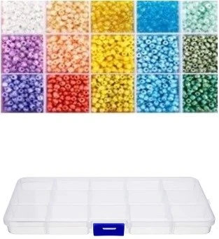 Stiklinių apvalių karoliukų (biserio) 6/0 RainBow® 15 spalvų po 10 g rinkinys su dėžute, pastelinis