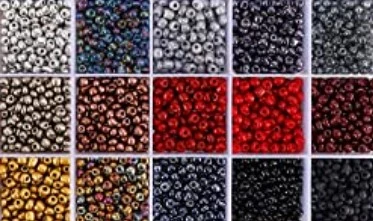 Stiklinių apvalių karoliukų (biserio) 6/0 RainBow® 15 spalvų po 10 g rinkinys, tamsus