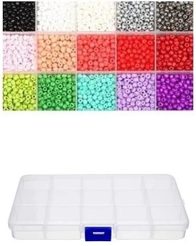 Stiklinių apvalių karoliukų (biserio) 6/0 RainBow® 15 spalvų po 10 g rinkinys su dėžute, šviesus