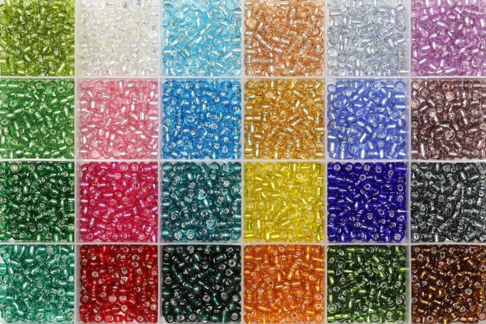 Stiklinių apvalių karoliukų (biserio) 6/0 RainBow® 24 spalvų po 10 g rinkinys, tamsus