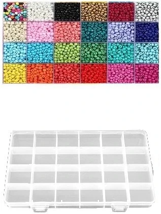 Stiklinių apvalių karoliukų (biserio) 6/0 RainBow® 24 spalvų po 10 g rinkinys su dėžute, ryškus