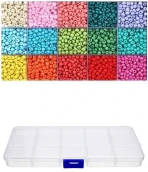 Stiklinių apvalių karoliukų (biserio) 6/0 RainBow® 15 spalvų po 10 g rinkinys su dėžute, ryškus