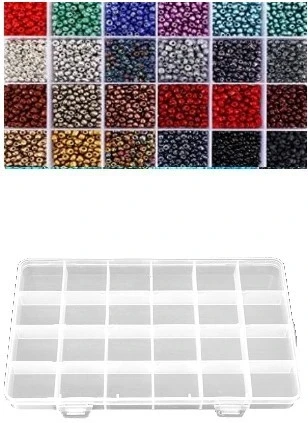 Stiklinių apvalių karoliukų (biserio) 6/0 RainBow® 24 spalvų po 10 g rinkinys su dėžute, tamsus